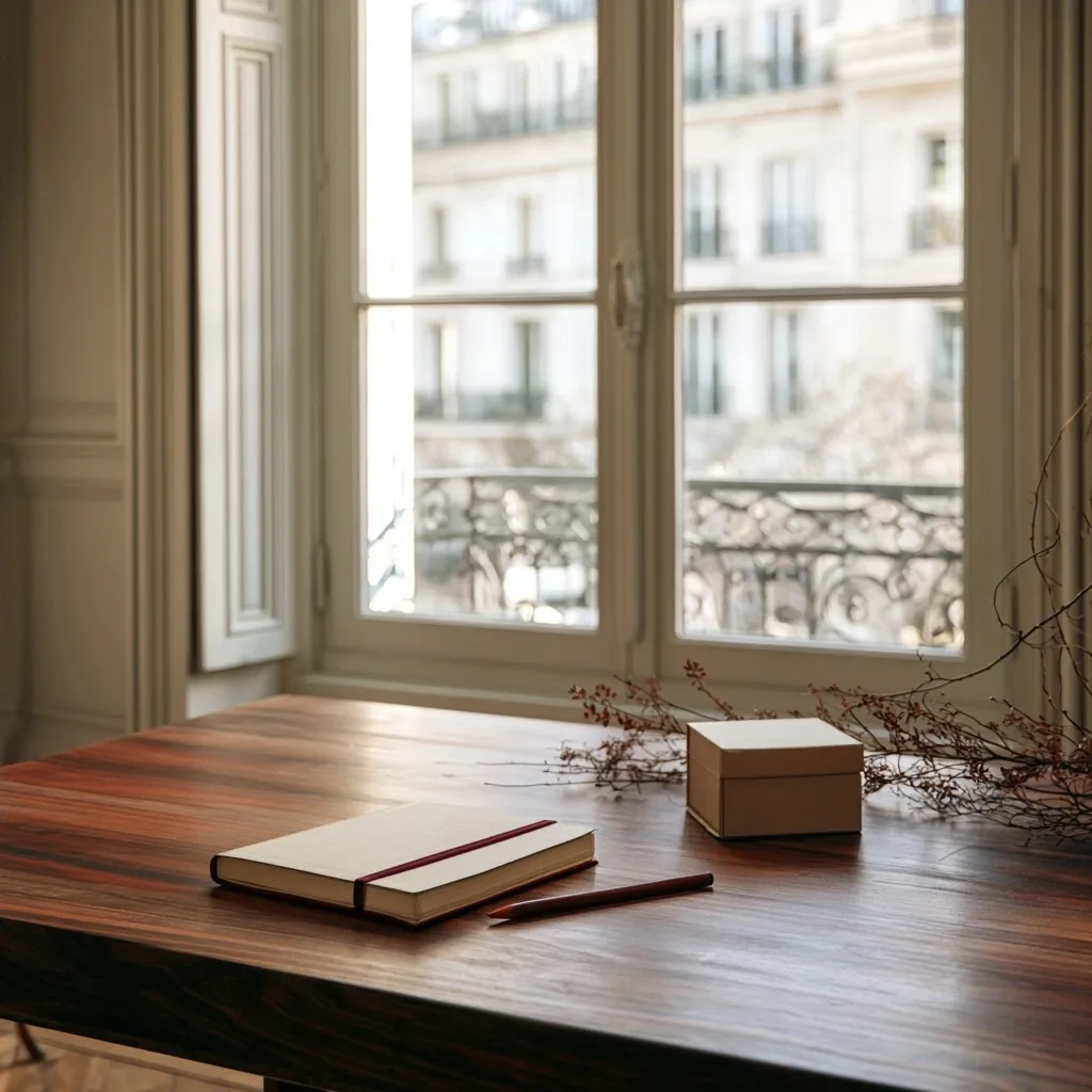 Un bureau rangé près d’une fenêtre avec un cahier fermé et une boîte neutre