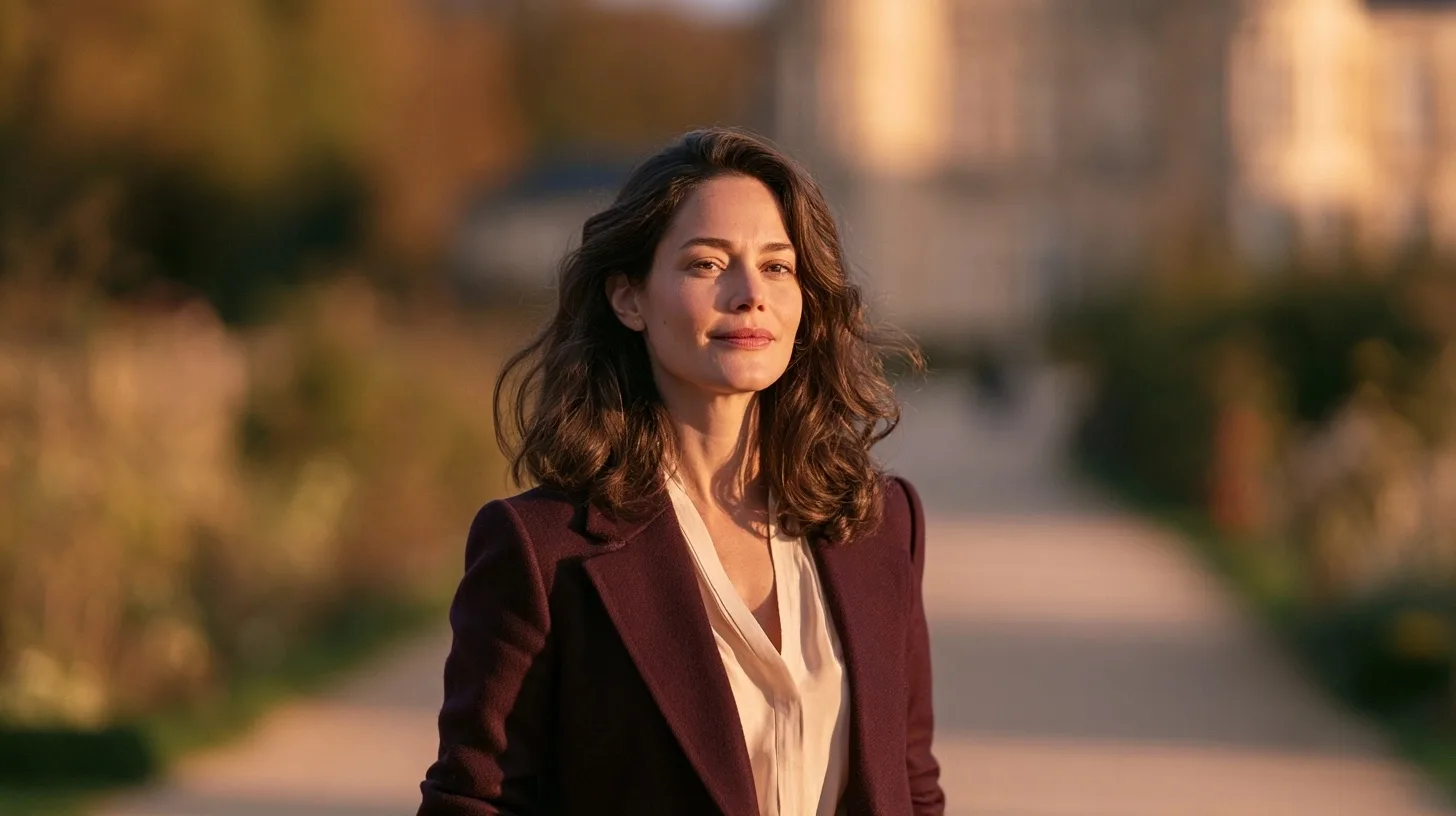 Élise Marceau en veste aubergine marche dans un jardin à la lumière de fin de journée