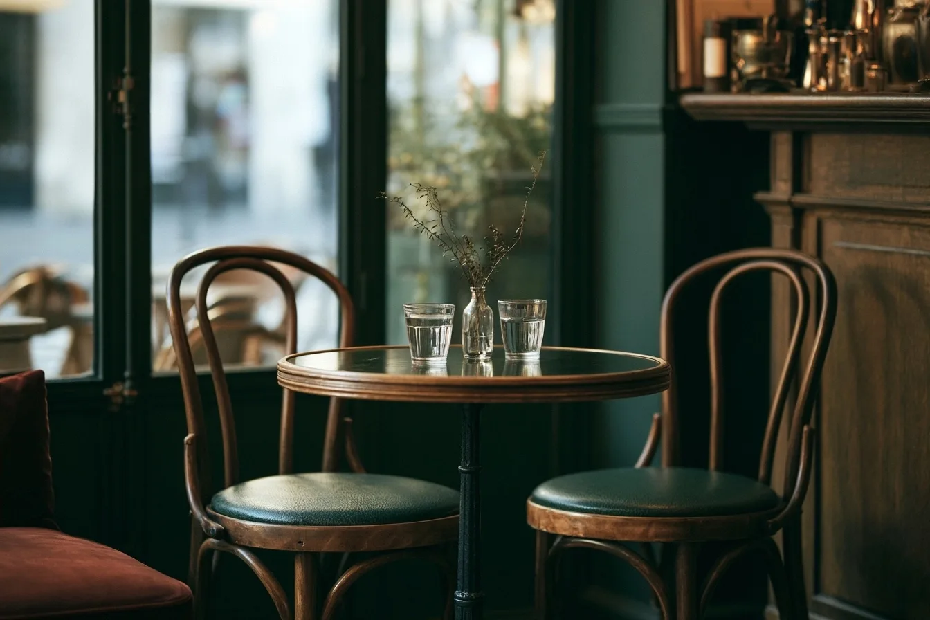 Deux chaises et deux verres d’eau autour d’une table dans un café calme