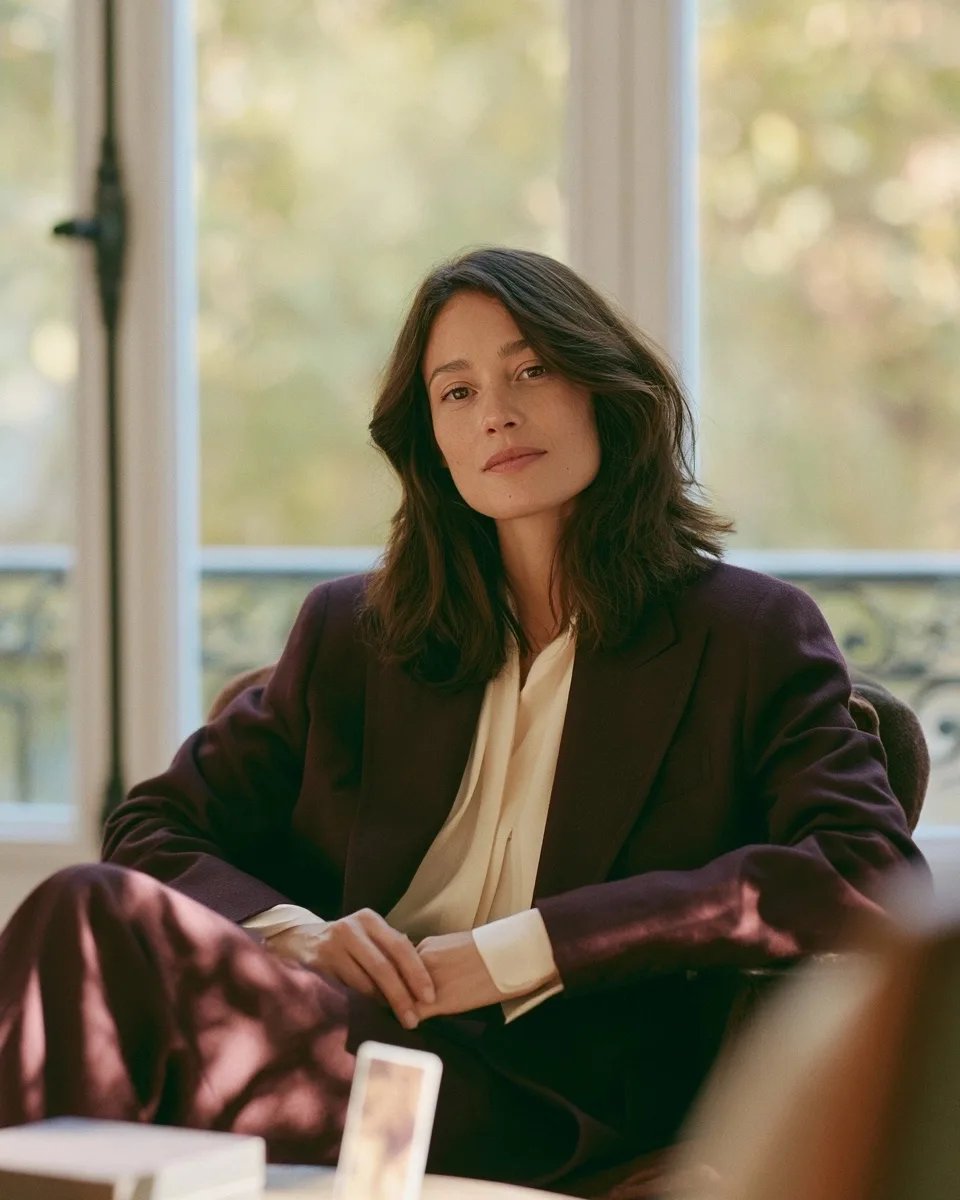 Élise Marceau, autrice-guide en veste aubergine, réfléchit près d’une fenêtre dans un intérieur lumineux