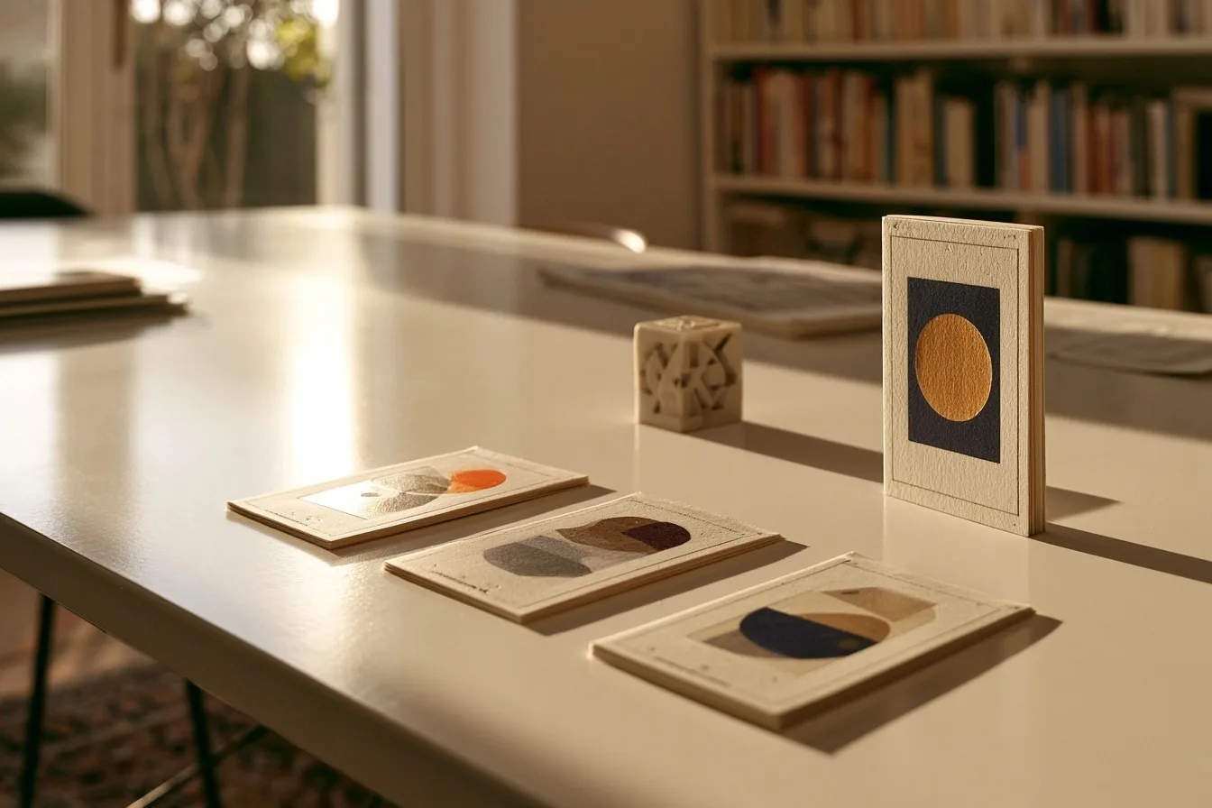 Trois cartes aux formes géométriques originales sont disposées sur une table d’étude