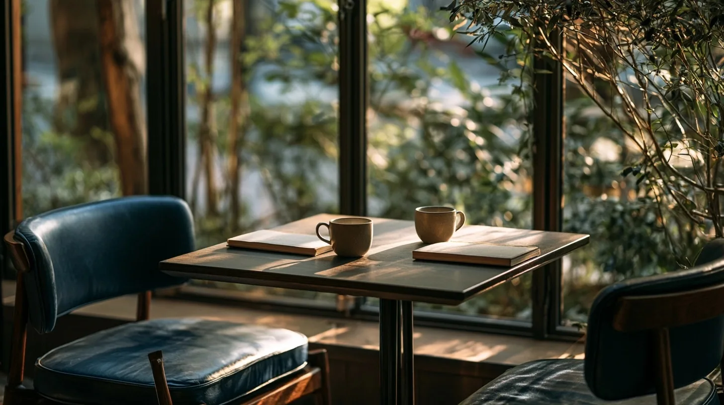 Deux fauteuils, deux tasses et deux carnets fermés autour d’une table lumineuse