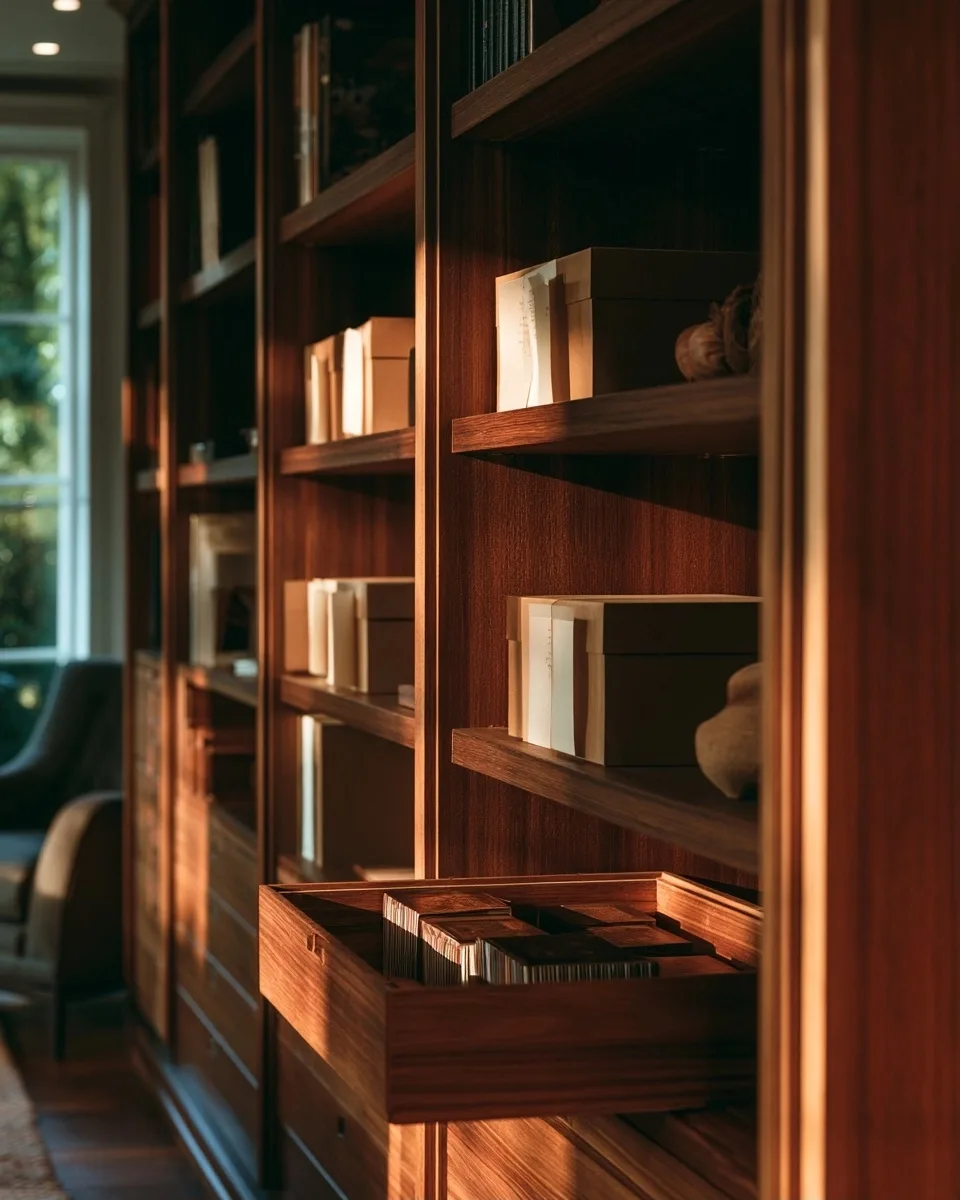 Des boîtes neutres et des cartes originales rangées dans une bibliothèque en bois