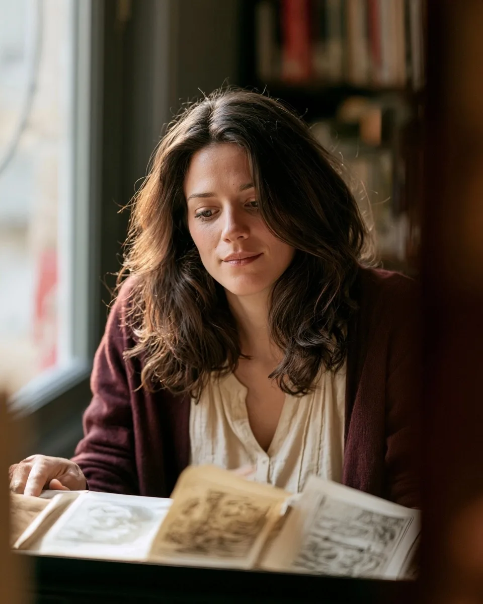Élise Marceau relit des fiches symboliques originales près d’une fenêtre
