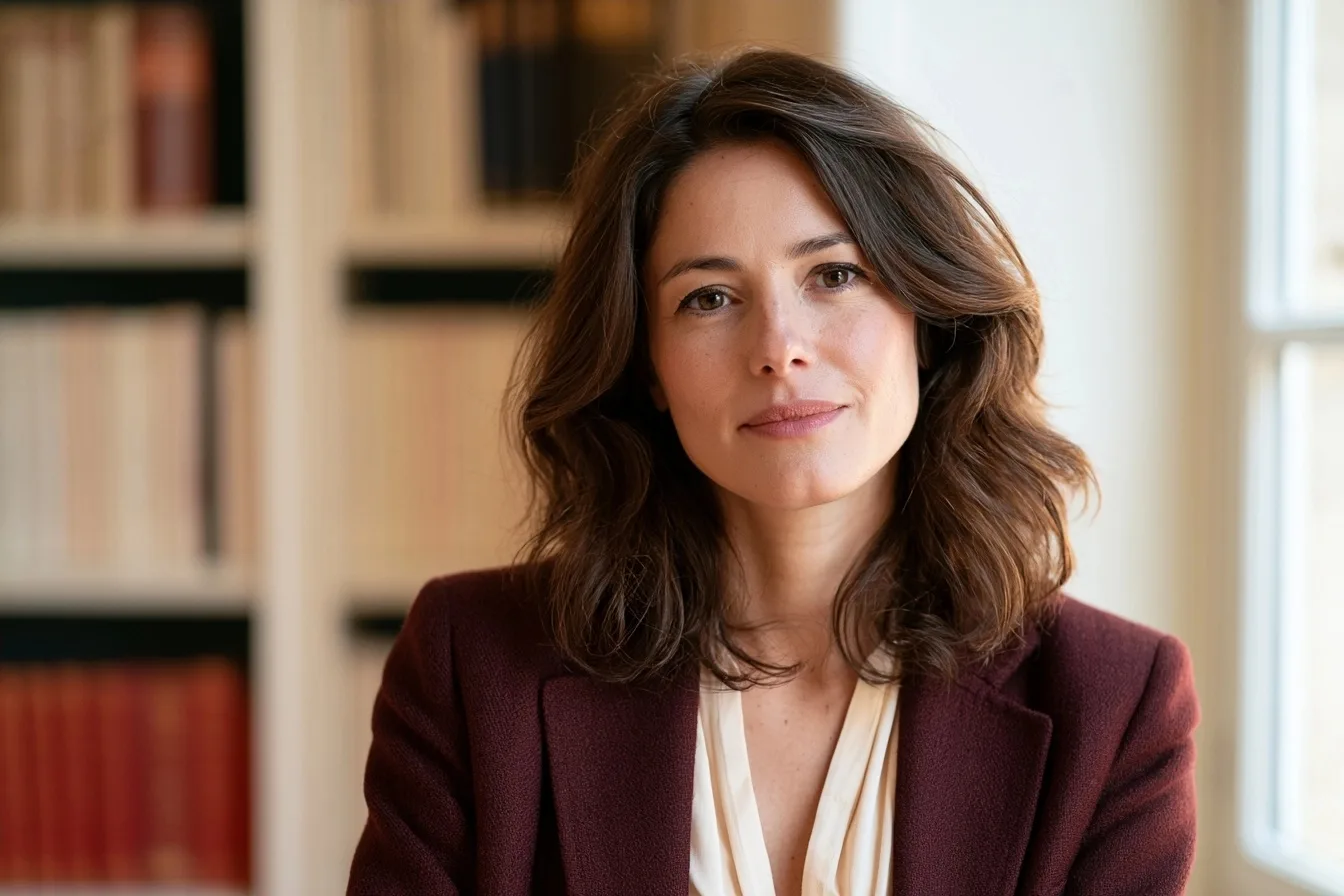 Portrait naturel d’Élise Marceau en veste aubergine dans une bibliothèque