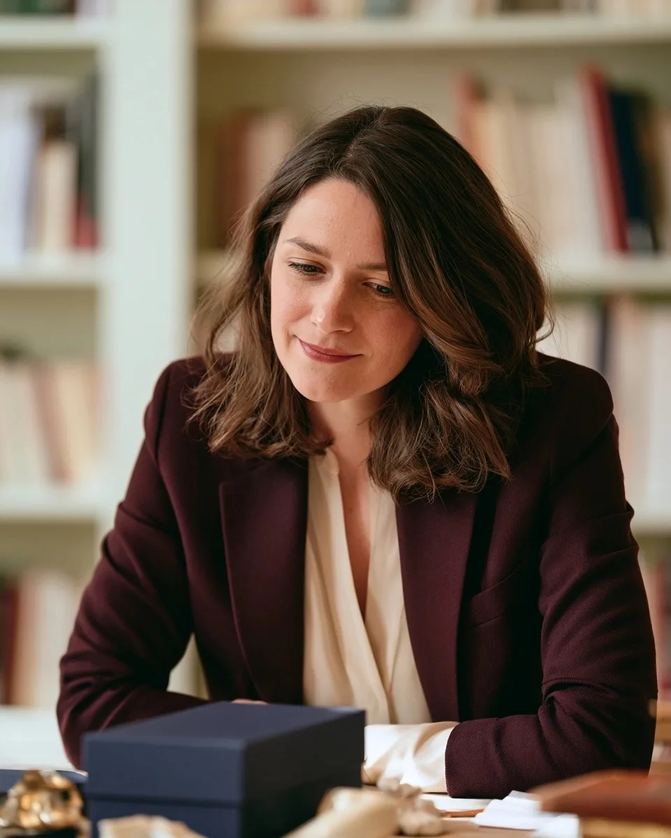 Élise Marceau observe une boîte bleu nuit dans une bibliothèque lumineuse