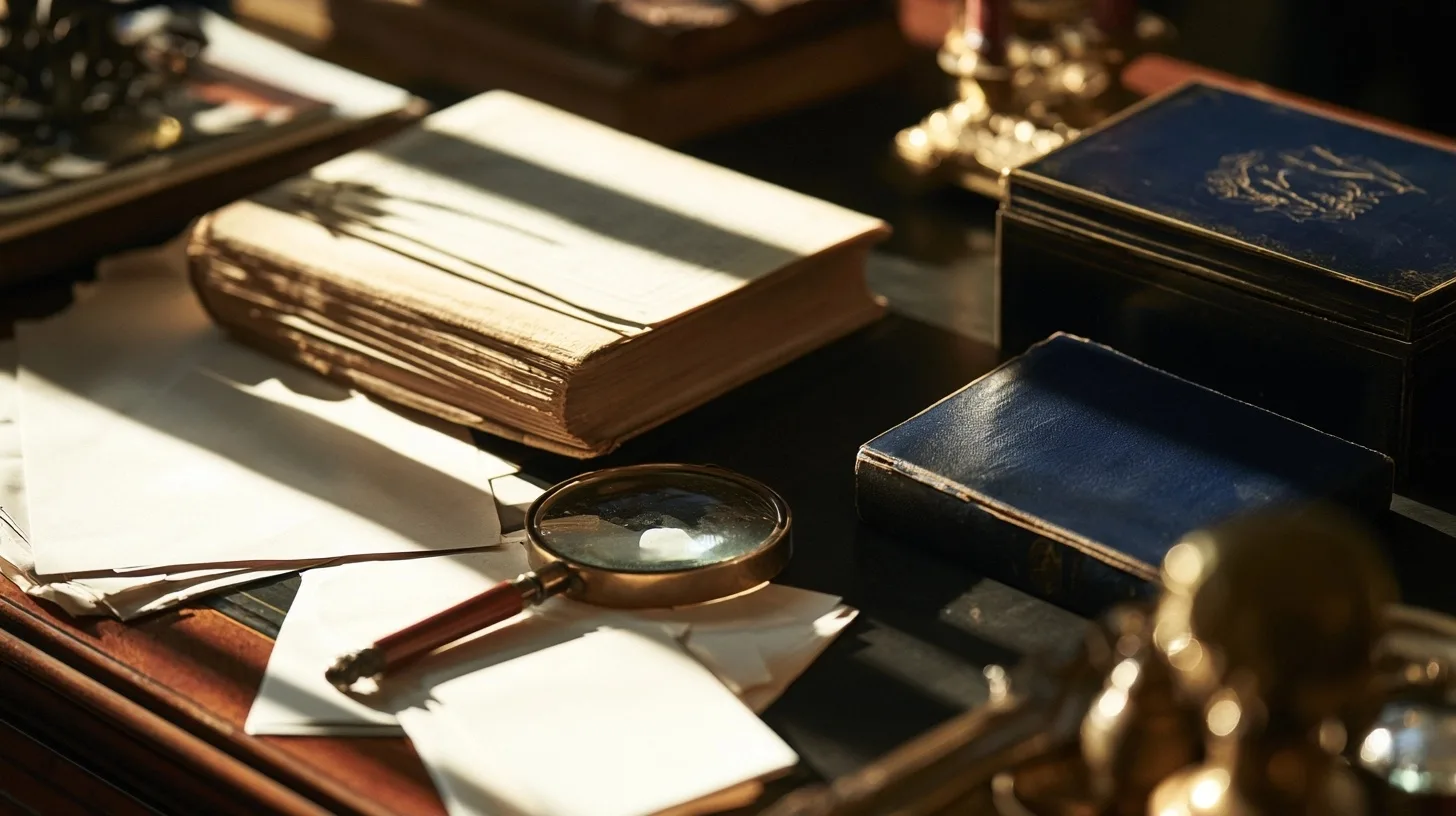 Livre ancien fermé, papiers d’archives, loupe et boîtes bleu nuit sur une table