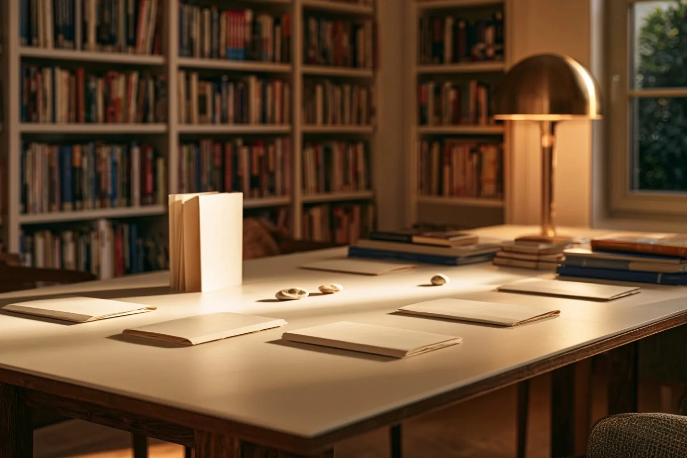 Fiches neutres et petits galets espacés sur une table de bibliothèque