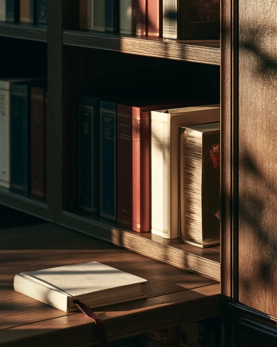 Une bibliothèque en bois présente des boîtes de jeux originales près d’un carnet ivoire dans la lumière chaude