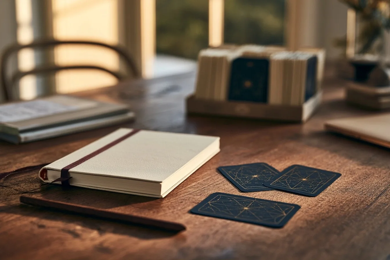 Un carnet ivoire fermé et trois cartes face cachée reposent sur un bureau lumineux près d’une chaise vide