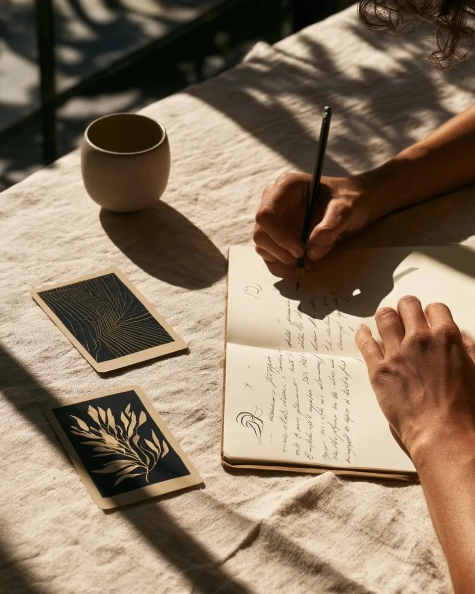 Une personne note ses observations dans un carnet près de deux cartes aux motifs abstraits