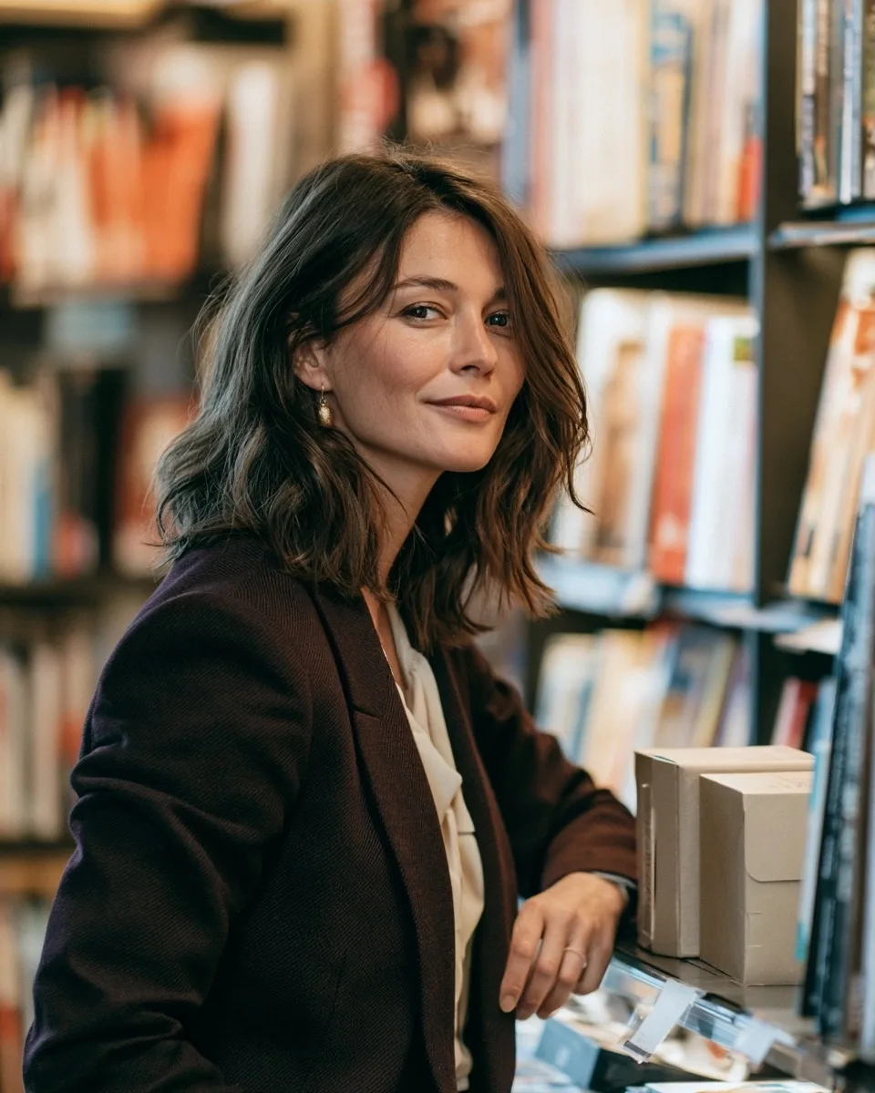Élise Marceau, veste aubergine et blouse ivoire, observe des boîtes neutres sur une étagère de librairie