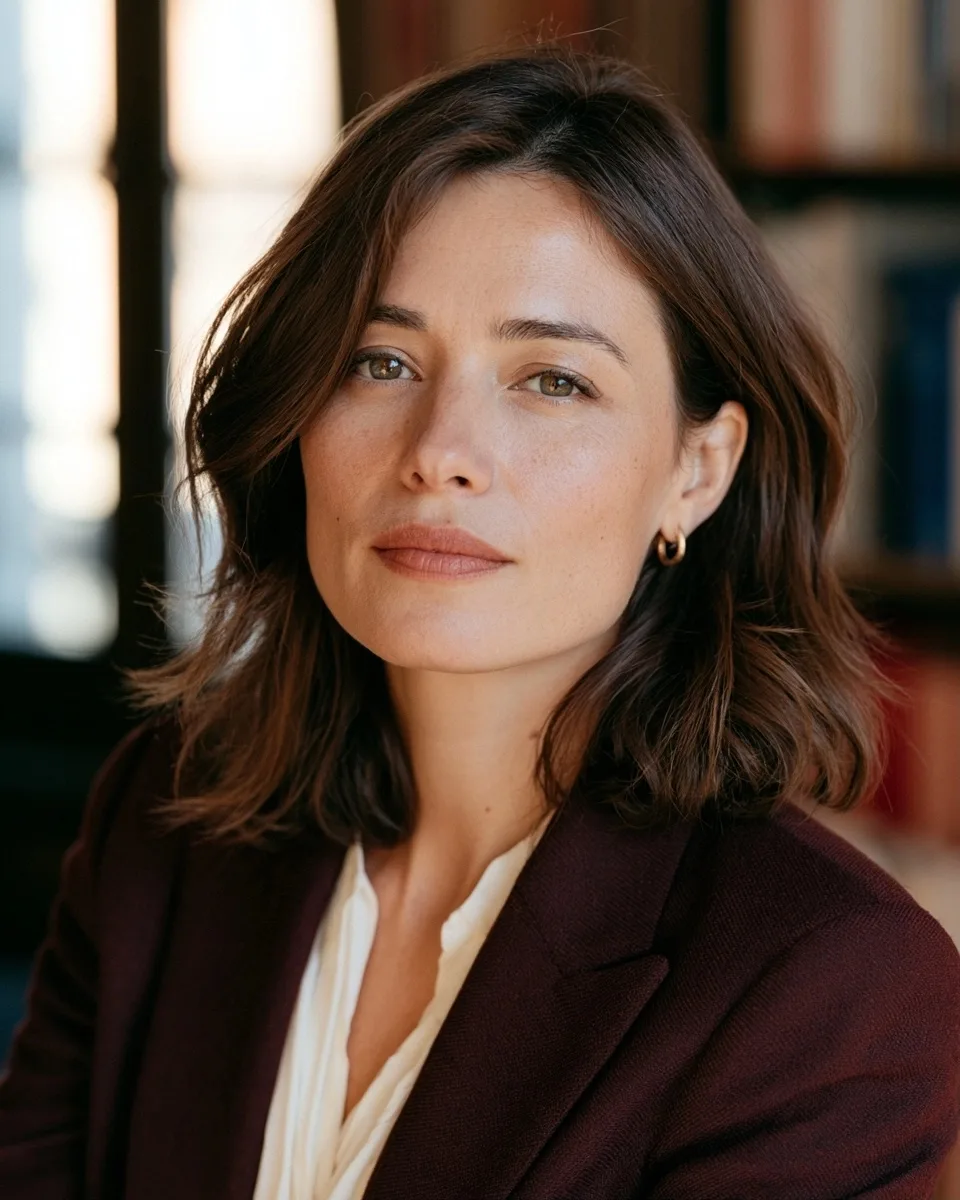 Portrait d’Élise Marceau en veste aubergine et blouse ivoire devant une bibliothèque lumineuse