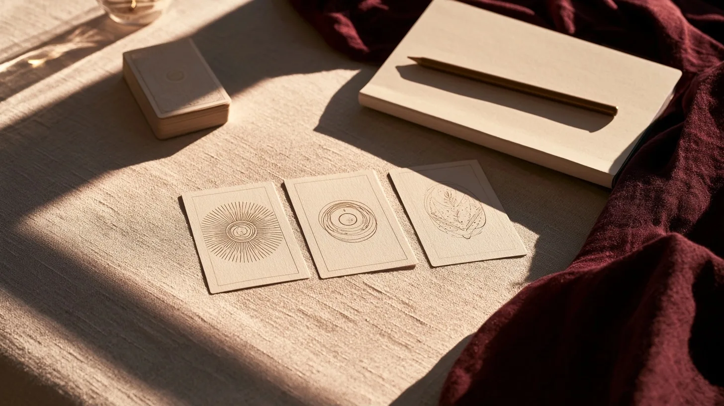 Trois cartes d’oracle abstraites, un carnet ivoire et un crayon sur une table lumineuse
