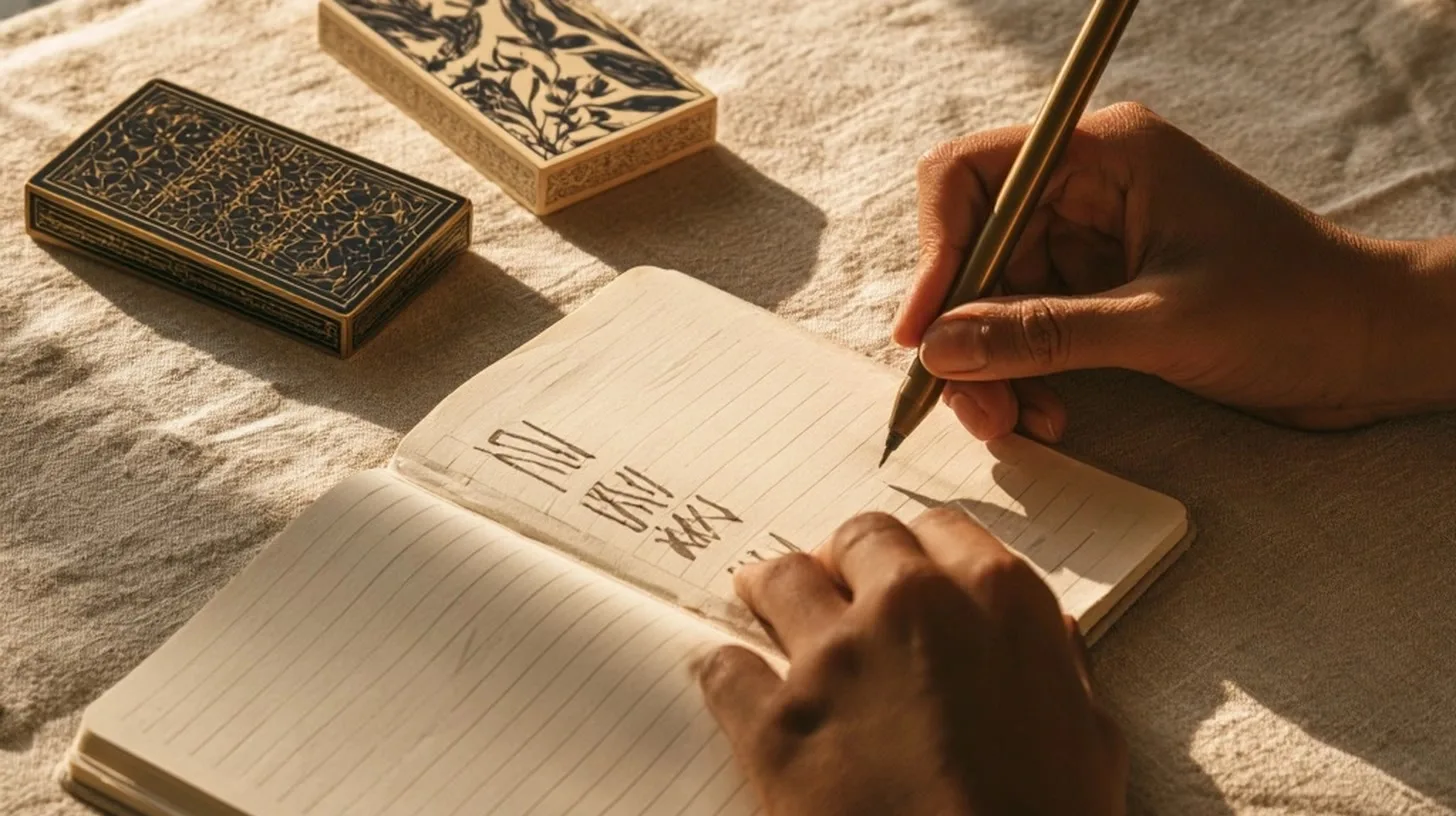 Une main compare deux jeux aux dos abstraits en prenant des notes dans un carnet