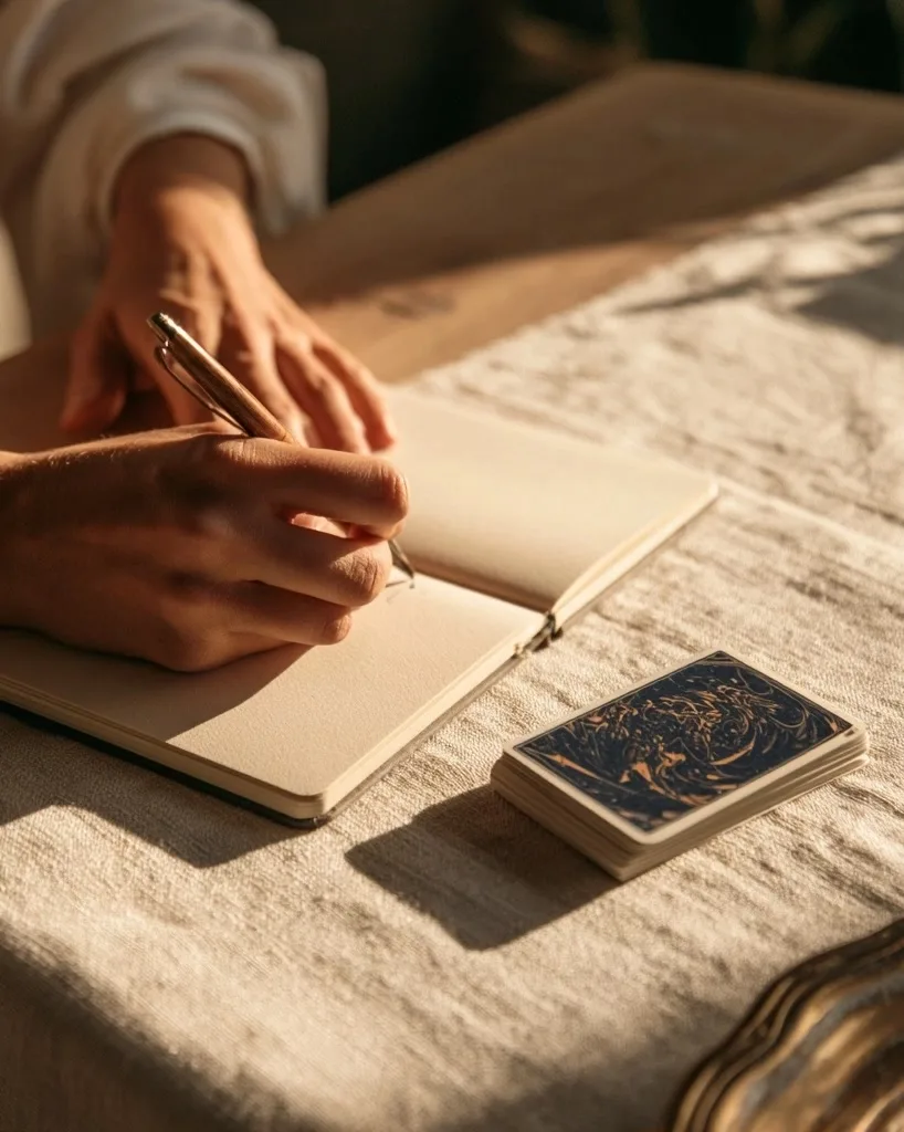 Une personne écrit une question dans un carnet près d’un jeu aux dos abstraits