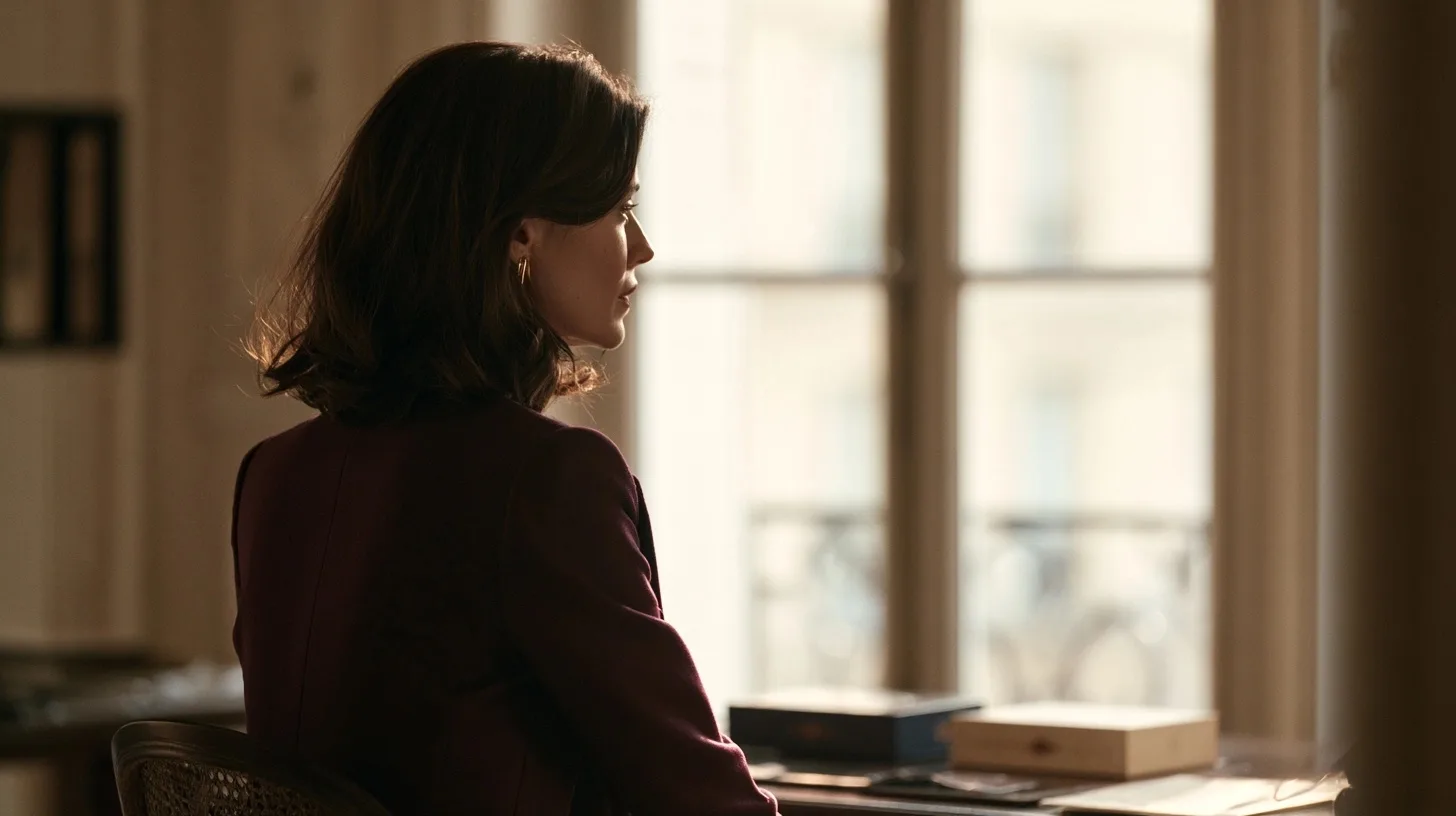 Élise Marceau vue de dos à son bureau observe deux boîtes de jeux près d’une grande fenêtre