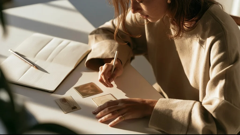 Une personne apprend à lire trois cartes oracle abstraites avec un carnet