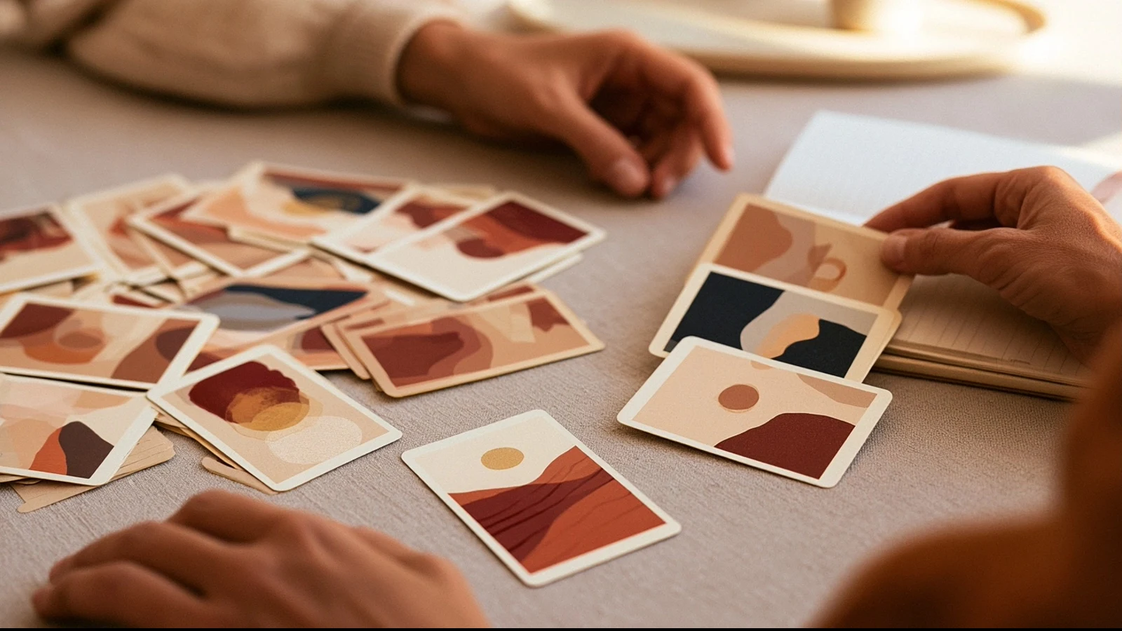 Des cartes abstraites dispersées contrastent avec trois cartes organisées