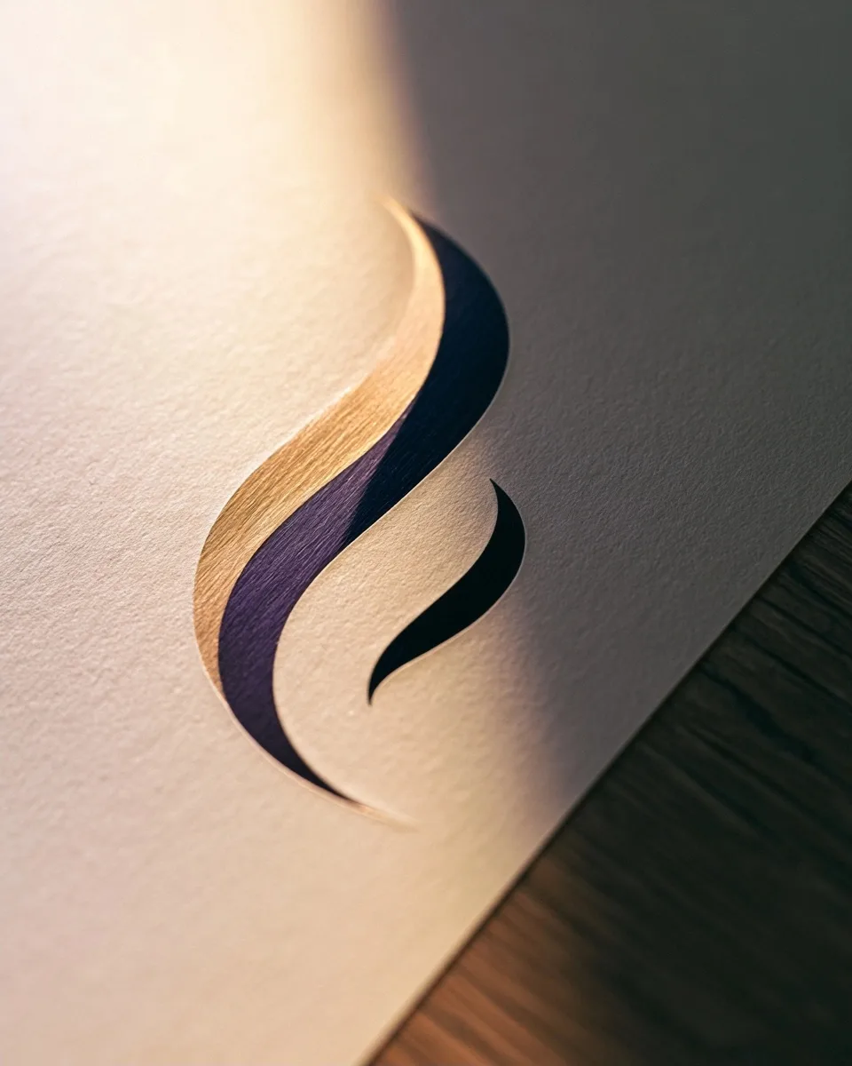 Formes de papier ivoire, aubergine, bleu nuit et or se répondant sur une surface en bois
