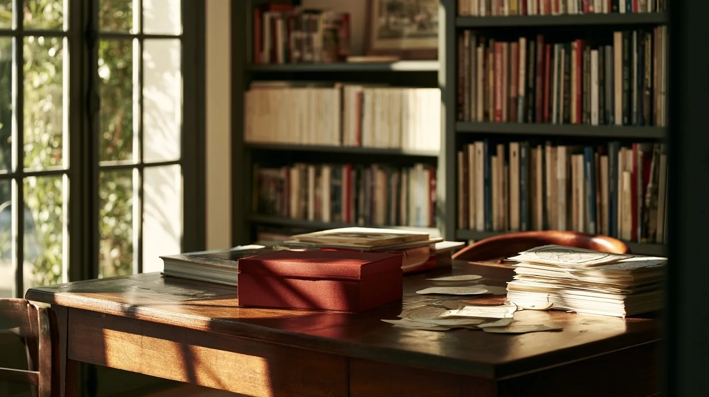 Atelier d’étude lumineux avec une boîte aubergine fermée, des formes symboliques originales et une bibliothèque