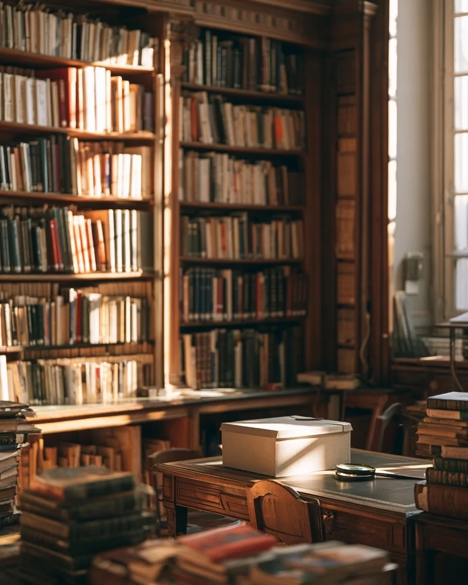Bibliothèque de recherche lumineuse avec livres aux dos neutres et boîte d’archive fermée