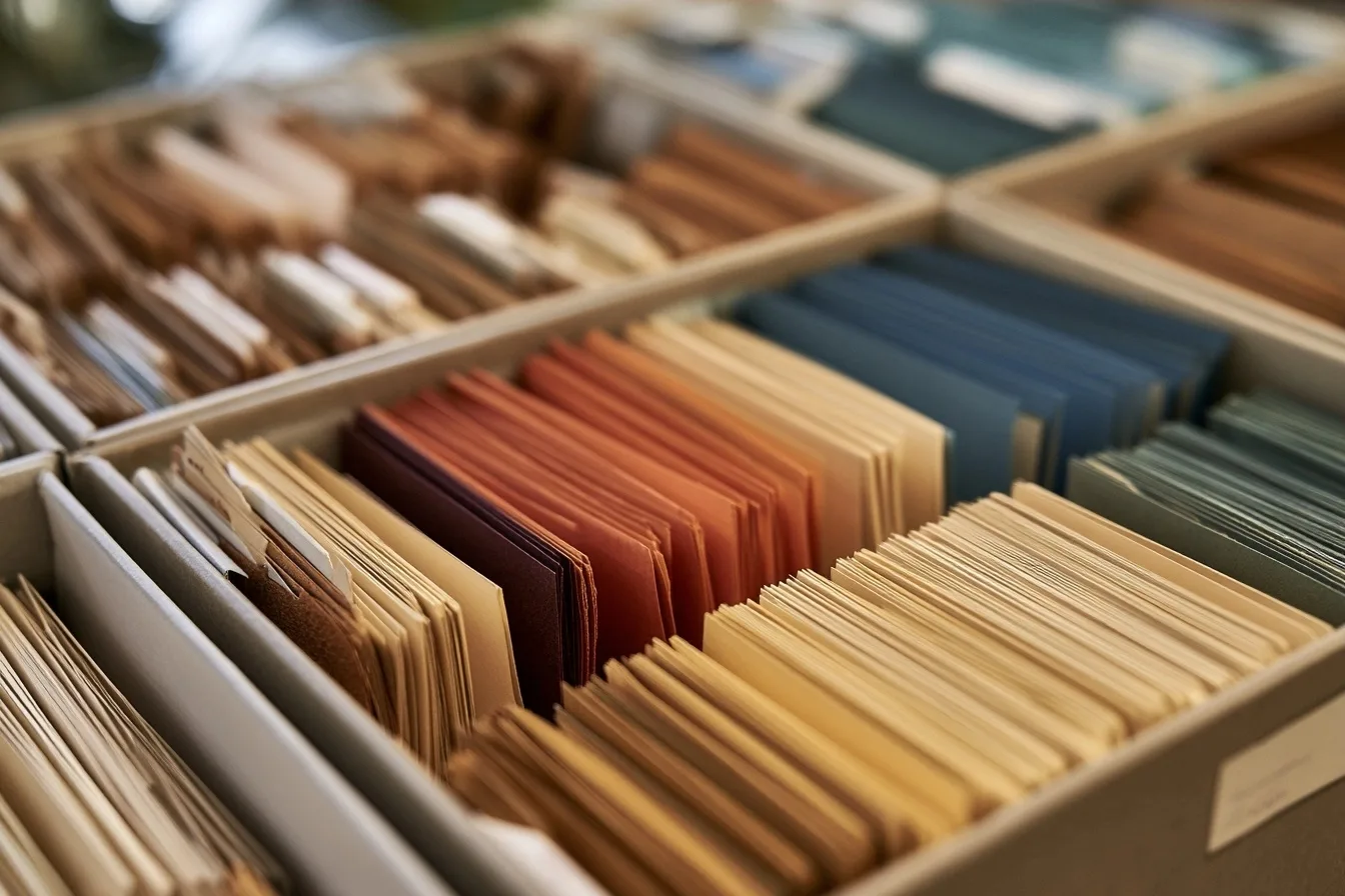 Fiches neutres ivoire, aubergine et bleu nuit classées dans des boîtes de rangement