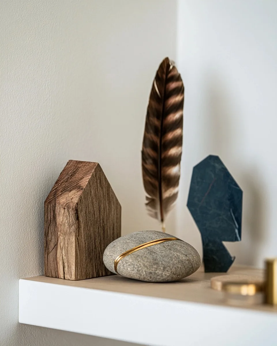Objets symboliques originaux en bois, pierre, plume et métal disposés sur une étagère claire