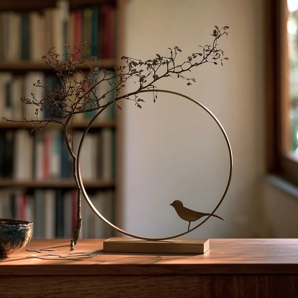 Cercle en laiton, branche et oiseau sculptural original devant une bibliothèque