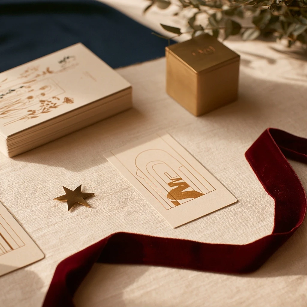 Une carte originale aux lignes géométriques entourée de papier ivoire, d’un ruban aubergine et d’objets en laiton dans la lumière chaude