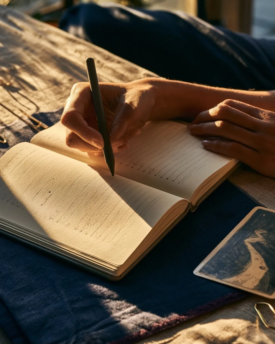 Une main écrit dans un journal de tirage ouvert près d’une carte abstraite sur un tissu bleu nuit