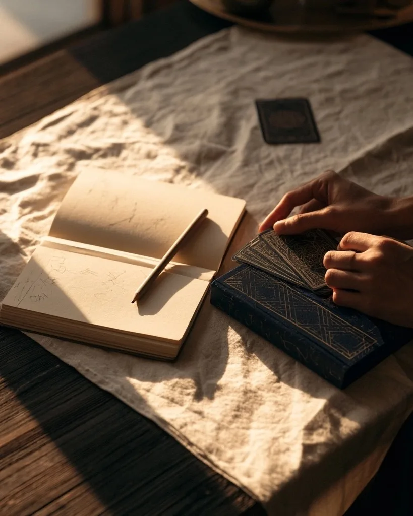 Une personne range un jeu près d’un journal de tirage ouvert et d’un crayon posé