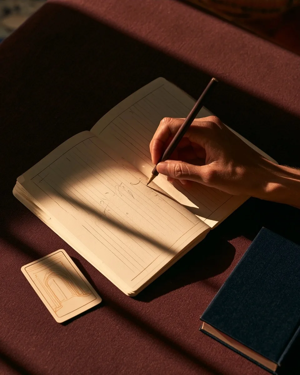 Une main prend des notes dans un journal de tirage près d’une carte au symbole de porte