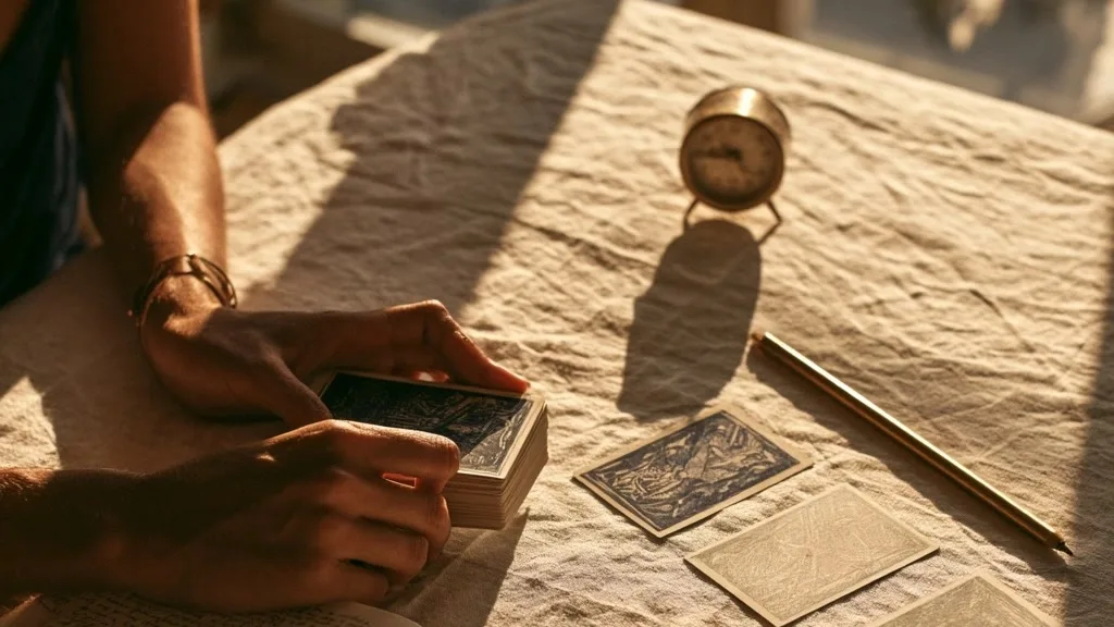 Des mains rassemblent un jeu près de trois cartes face cachée et d’une petite horloge