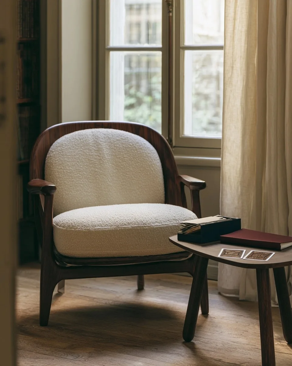 Un fauteuil ivoire près d’une fenêtre et une table avec une boîte ouverte et deux cartes originales face cachée