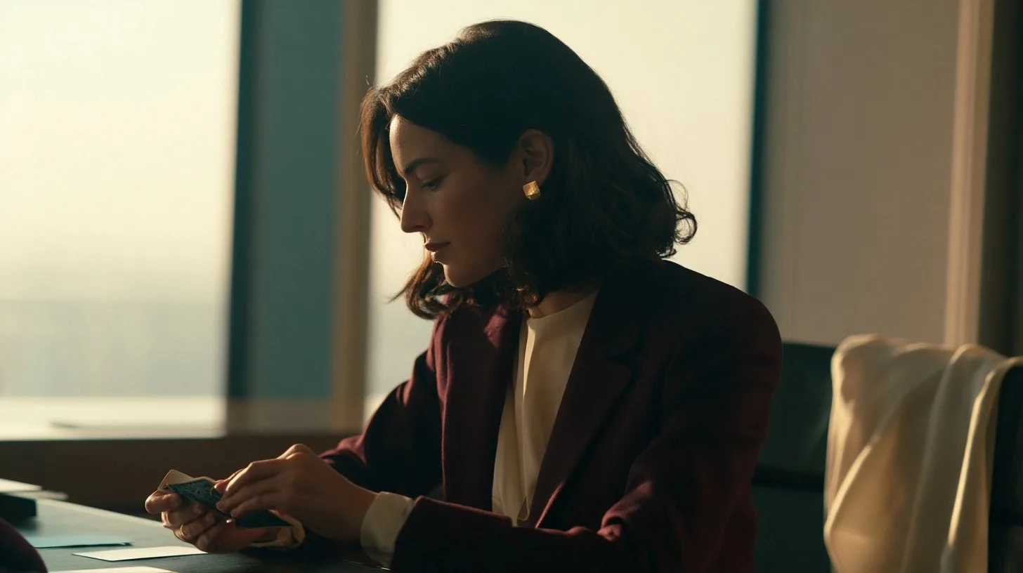 Élise Marceau de trois-quarts mélange un jeu aux dos bleu nuit à son bureau près d’une fenêtre