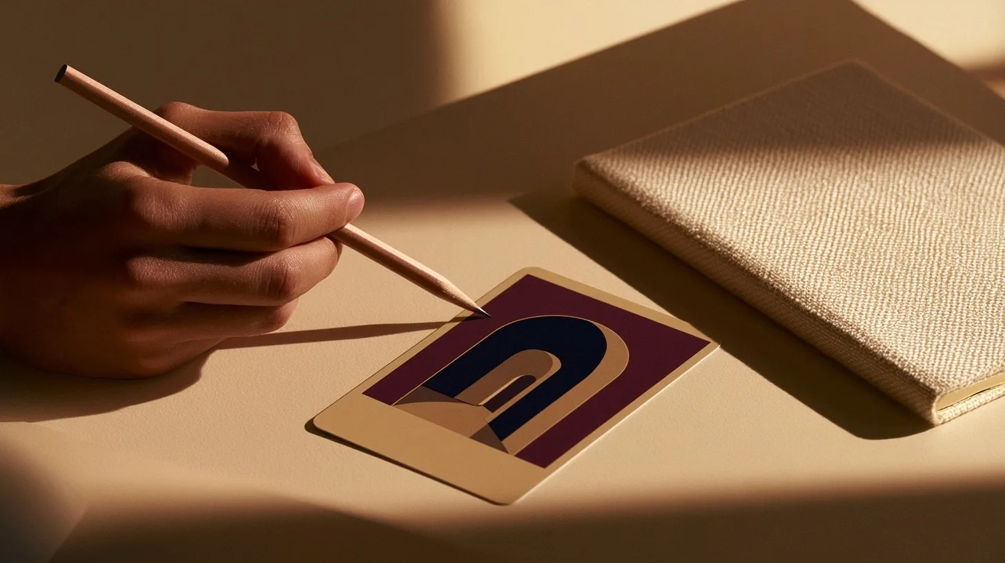 Une main pointe un détail sur une carte abstraite près d’un carnet en lin ivoire