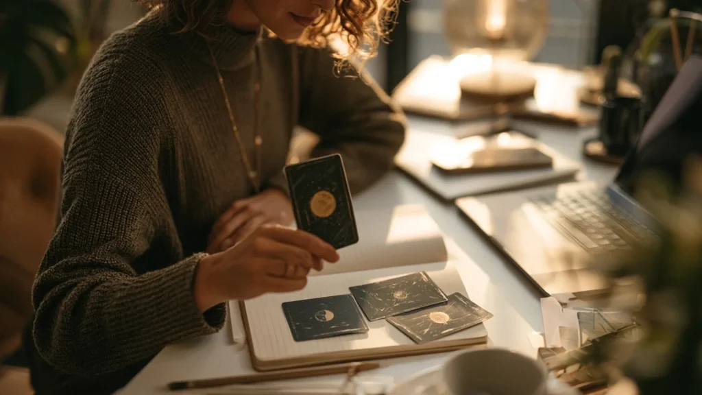 Une personne réfléchit à son évolution professionnelle avec un carnet, un ordinateur et des cartes abstraites