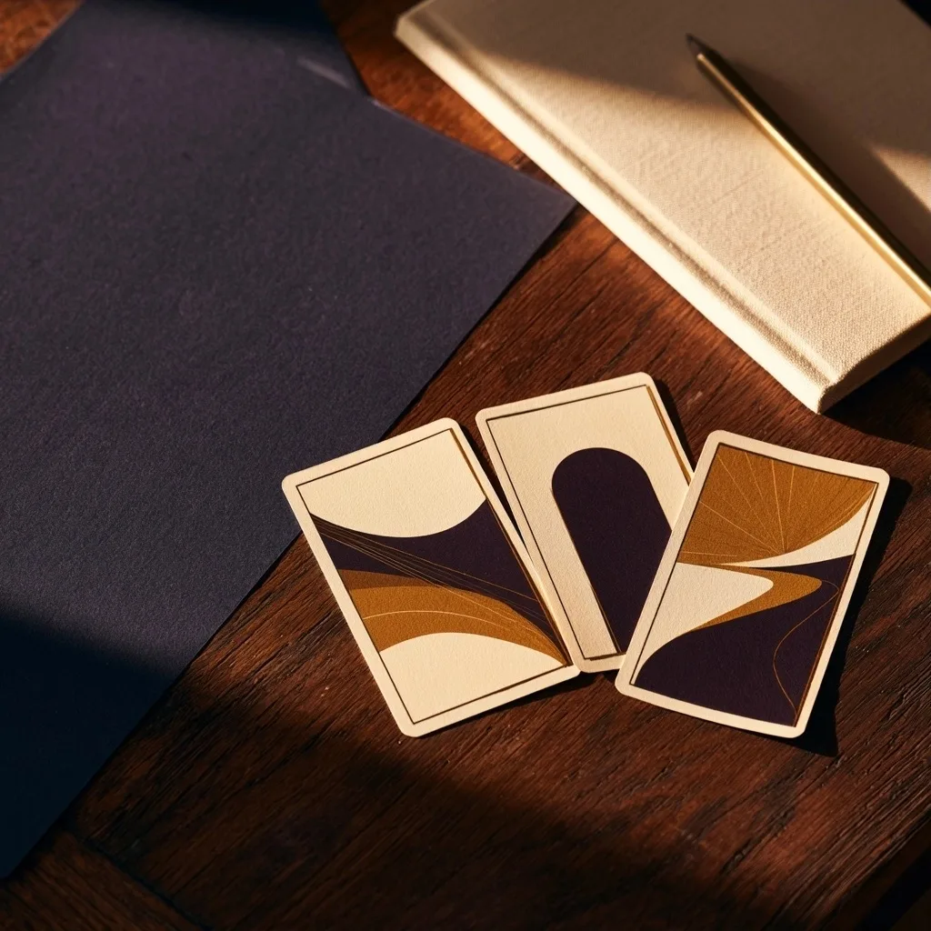 Trois cartes d’oracle abstraites près d’un carnet et d’un crayon