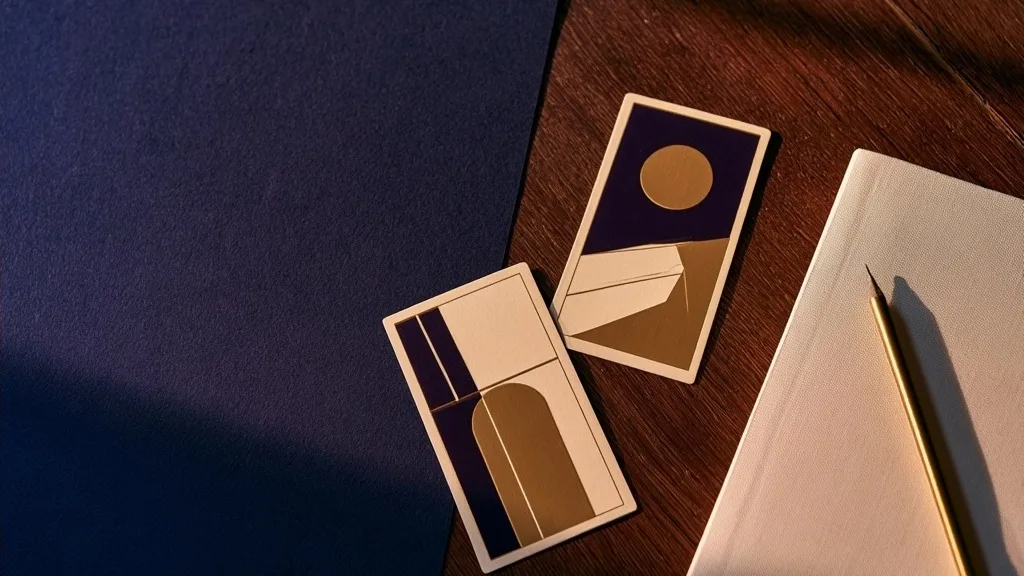 Cartes d’oracle abstraites, carnet ivoire et crayon sur une table sombre