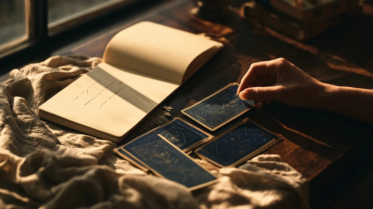 Une main place une carte bleu nuit près de plusieurs cartes voisines et d’un carnet ouvert sur une table en bois éclairée par une fenêtre