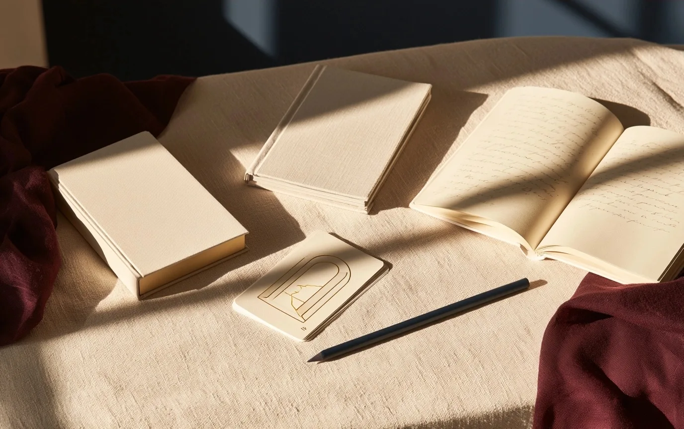 Jeu d’oracle, carnet et crayon disposés pour un premier tirage