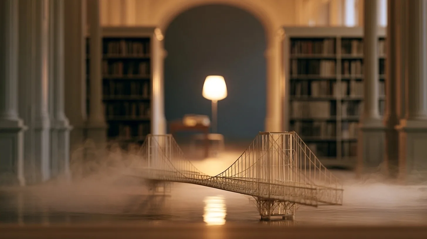 Une maquette de pont relie visuellement un chemin éclairé dans une bibliothèque