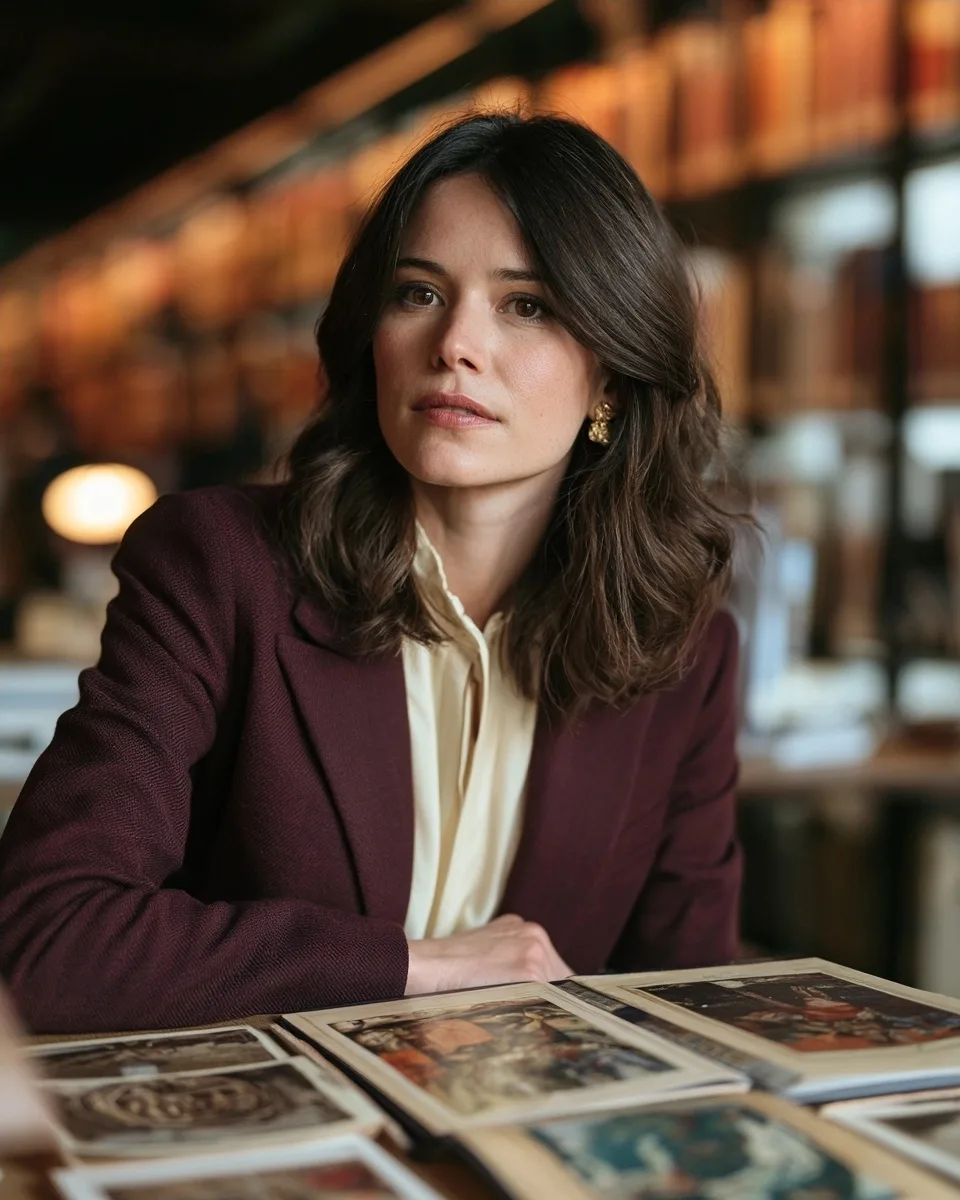 Élise Marceau en veste aubergine étudie des images originales dans une bibliothèque
