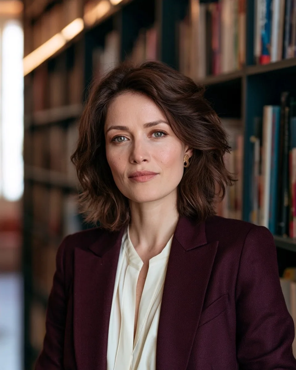 Portrait d’Élise Marceau en veste aubergine et blouse ivoire dans une bibliothèque