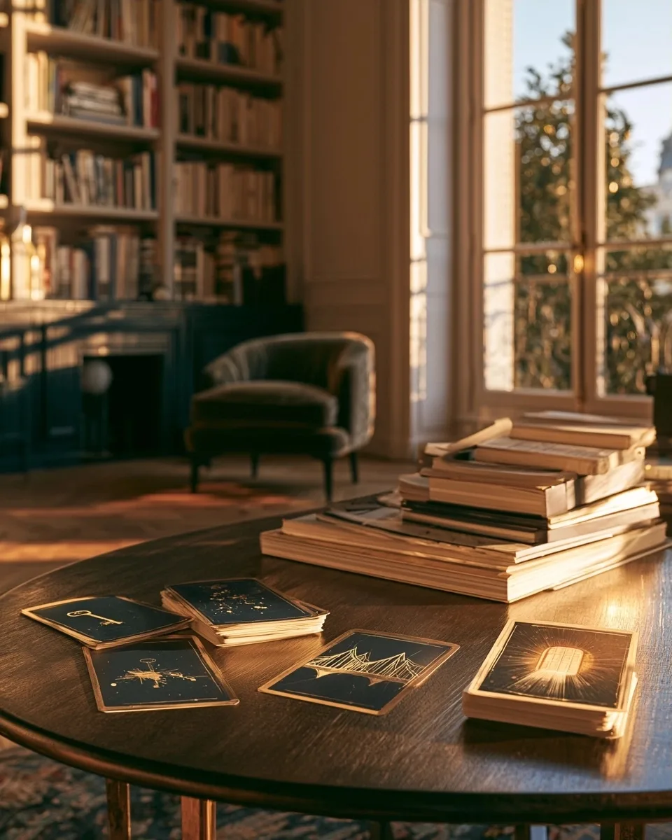 Des cartes originales illustrant une clé, un pont et une porte dans une bibliothèque lumineuse