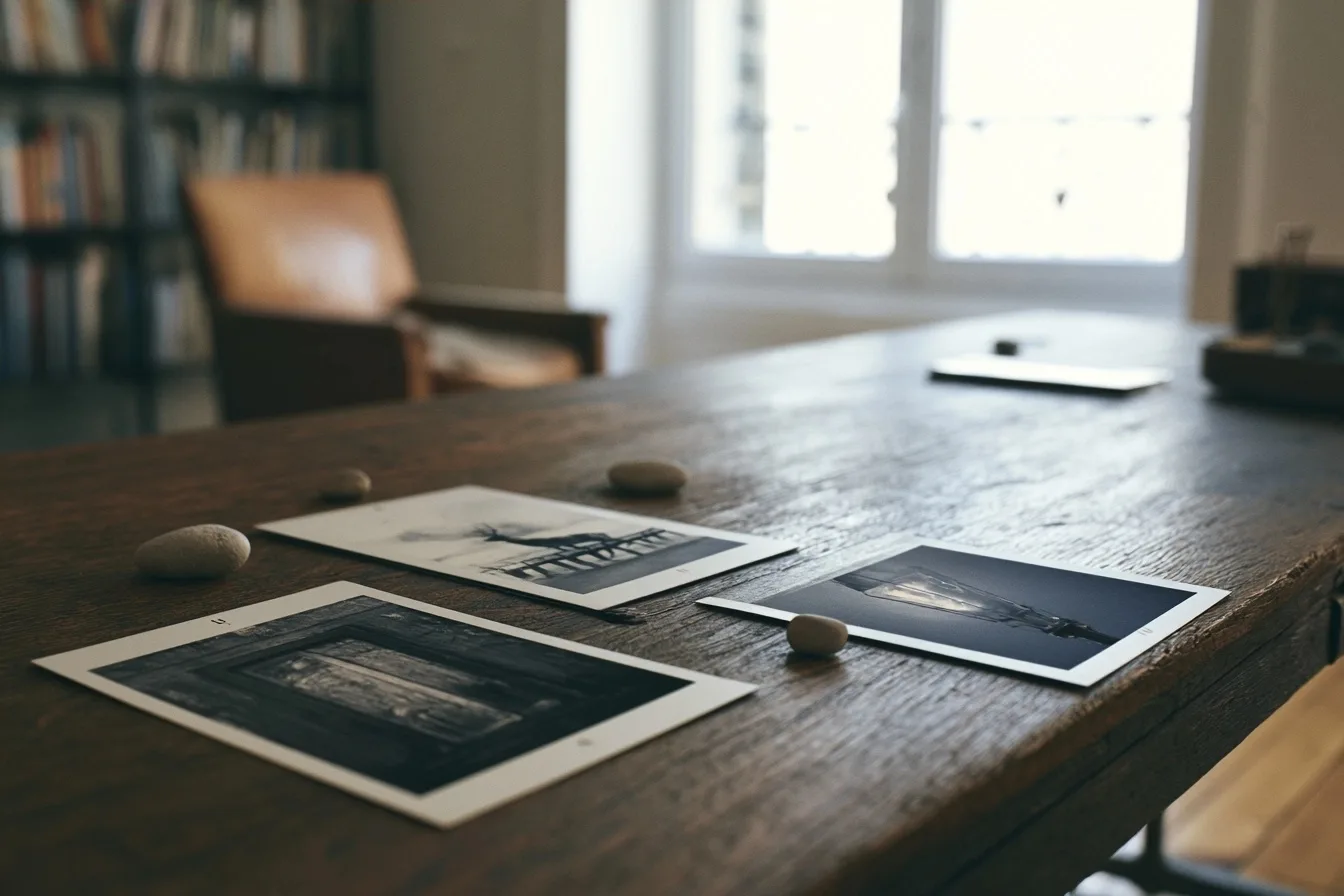 Trois images originales représentant une porte, un pont et une lampe sont espacées sur une table