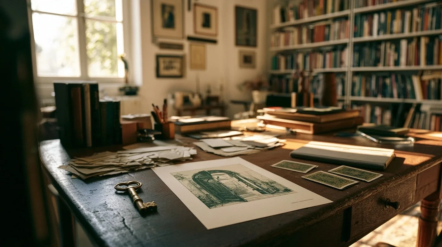 Une clé et une illustration originale de porte sur une table d’étude dans une bibliothèque