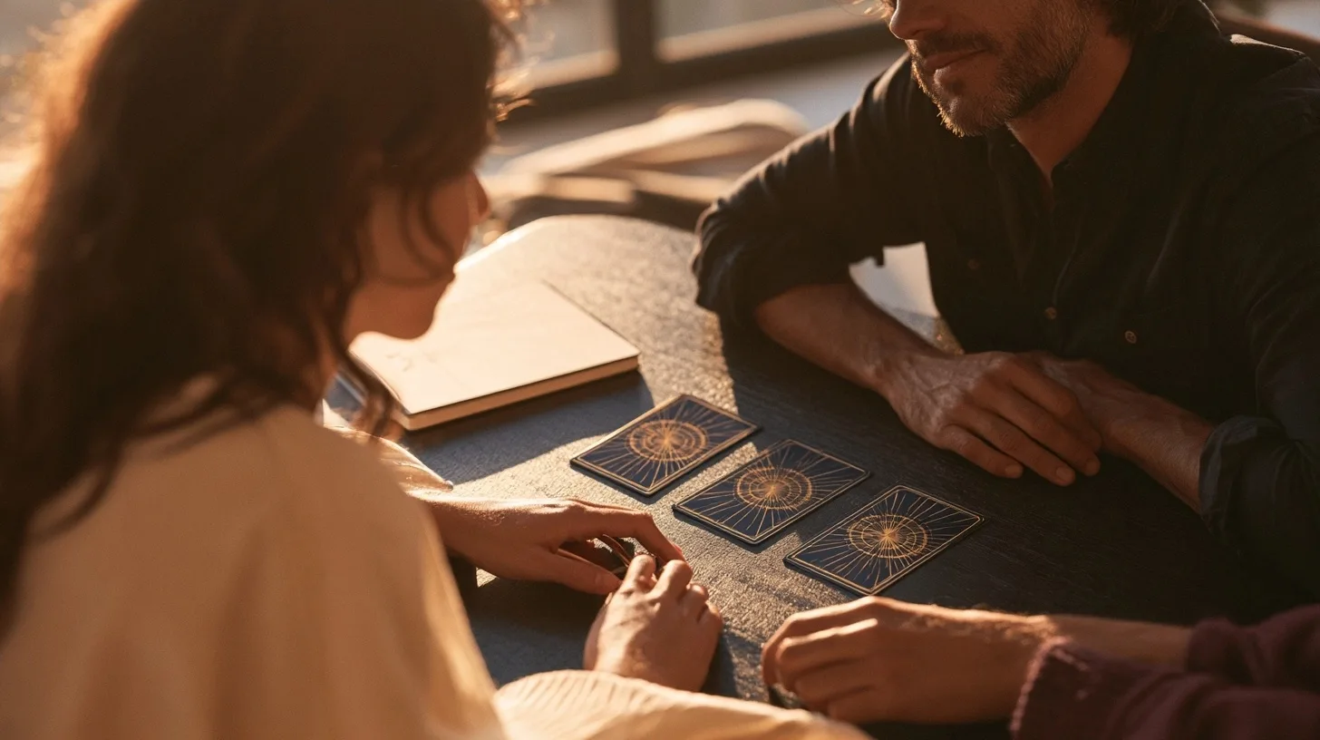 Un couple échange autour de cartes symboliques dans une lumière chaleureuse