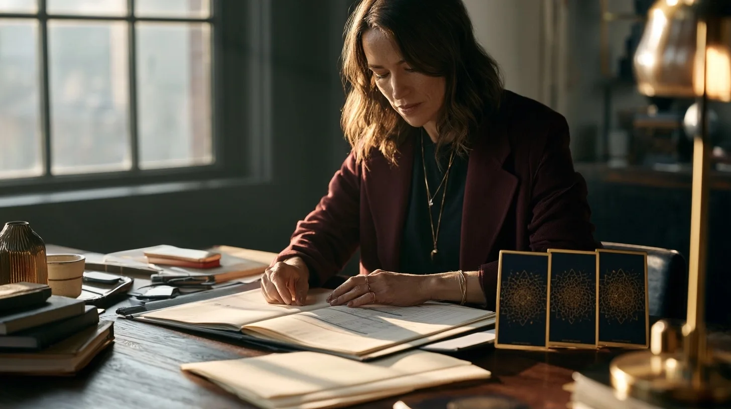 Une femme examine un projet professionnel à côté de cartes symboliques